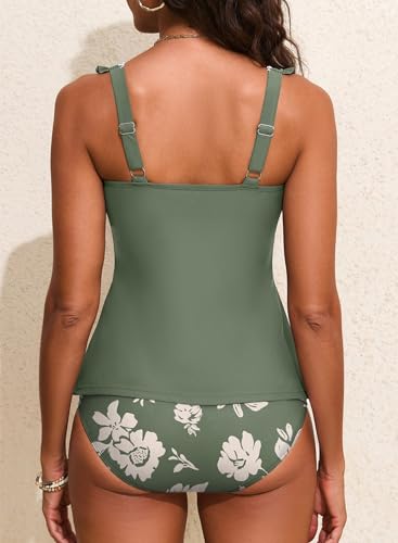 Aleumdr Women Tankini Swimsuit High Waisted Slimming Bathing Suit Tummy Control Swimwear V Neck Tank Top with Shorts Mist Green XX-Large — view 4