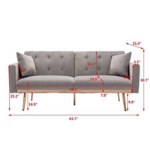 Homsof Gray Velvet Loveseat Bed, Small Couch For Bedroom, 2 Seater Mid Century Modern Sofa With Metal Legs, Two Size #TOP1