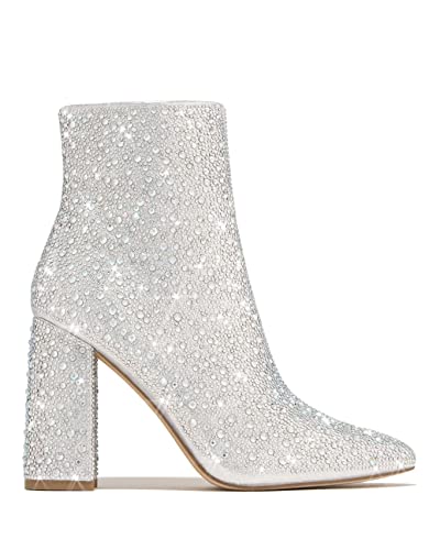 PAZZLE Women's Rhinestone Block Heel Mid Calf Ankle Booties Short Knee High Boots Runway-01 Silver 10