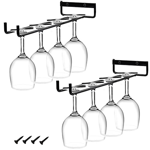 AUHOKY 2Pcs Stemware Wine Glass Rack Wall Mountable, Metal Wine Glasses Holder Under Cabinet Organization, Hanging Wine Cup Display Stand for Cabinet Kitchen Bar (Black)