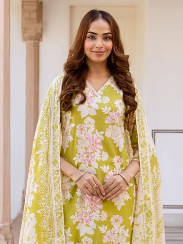 Image of INDO ERA Women's Pure Cotton Printed Straight Kurta & Pant With Dupatta Set (KH0PH10219)