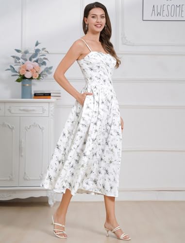 Image of ABEHIK Casual Dresses for Women Boho Spaghetti Strap Corset Midi Dress with Pockets Low Cut Flowy Pleated Bustier Sundress