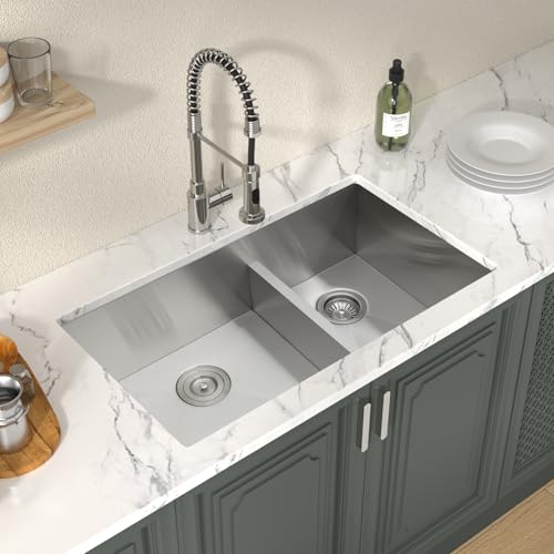 Lordear 32 Inch 16 Gauge Undermount Double Bowl Kitchen Sink Stainless Steel with Smart Low Divider 32x19 Inch Double Basin Kitchen Sinks 60/40