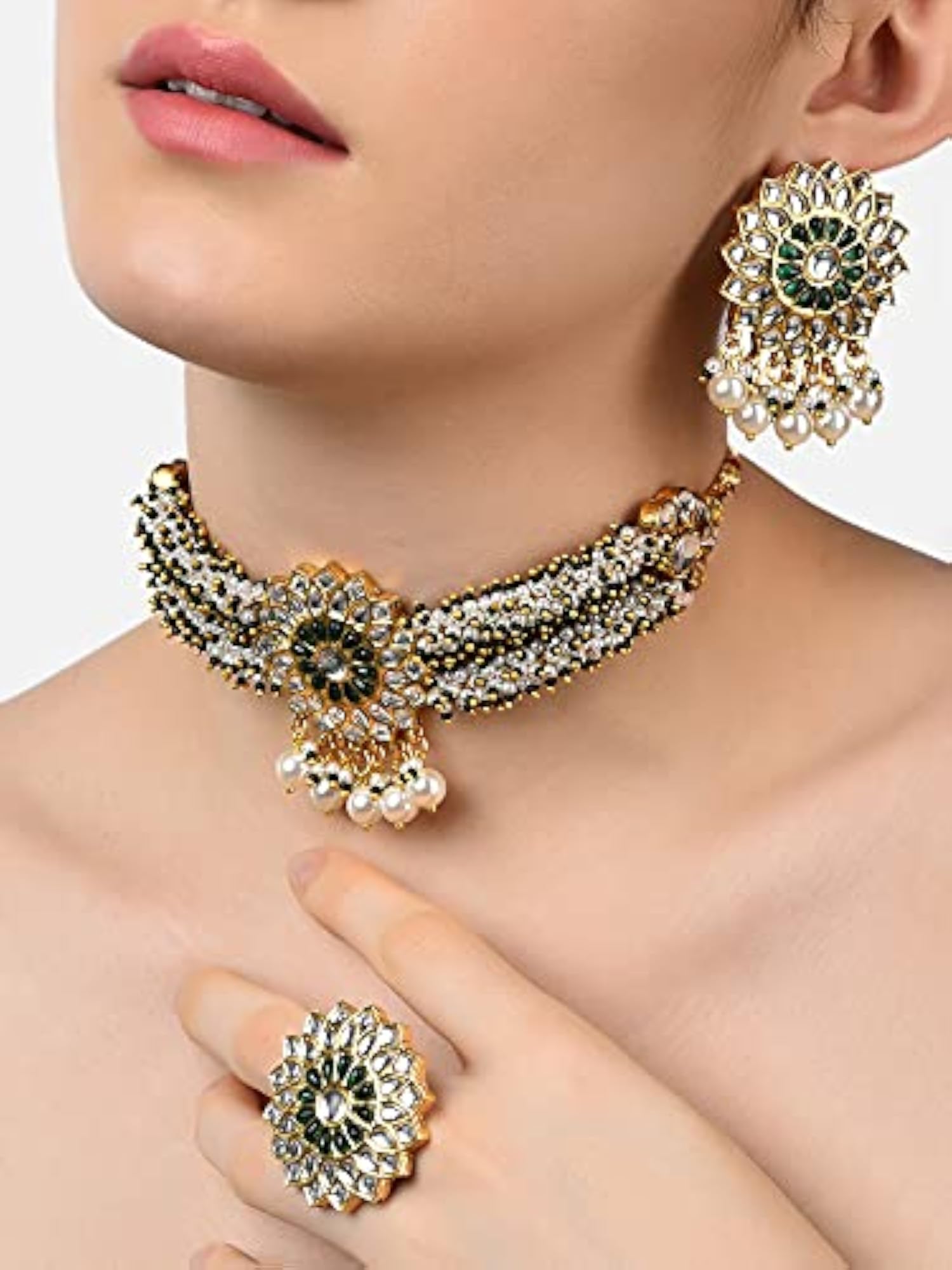 Women's Clustered Kundan Choker Necklace Earring & Ring Set, Gift
