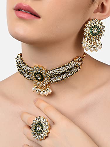 Women's Clustered Kundan Choker Necklace Earring & Ring Set, Gift