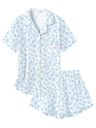 Schbbbta Pajamas for Girls Ruffle Button Down Sleepwear 2 Piece Pjs Set Soft Loungewear Nightwear, Blue Leopard, 11-12 Years