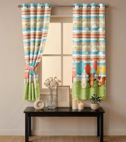 Image of Ultimate Trends Light Filtering Kids Curtain | Fairy, Dragon Castle, Safari & Jungle Animal Prints | for Kids Room Doors and Window | 7 FEET Pack of 2 |Woodland Meadow