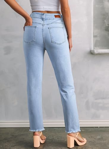 Sidefeel Women's Jeans High Waisted Strechy Straight Legs Boyfriend Denim Pants with Pockets L Light Blue Size 4 Short2