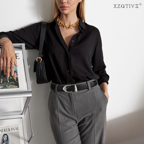 XZQTIVE Women's Leather Belts, Classic Minimalist Design For Jeans Pants Dresses, Black Belt With Gold Buckle3