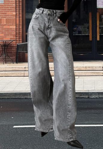 Image of Women's Straight Leg Jeans High Waisted Wide Leg Stretchy Baggy Denim Pants