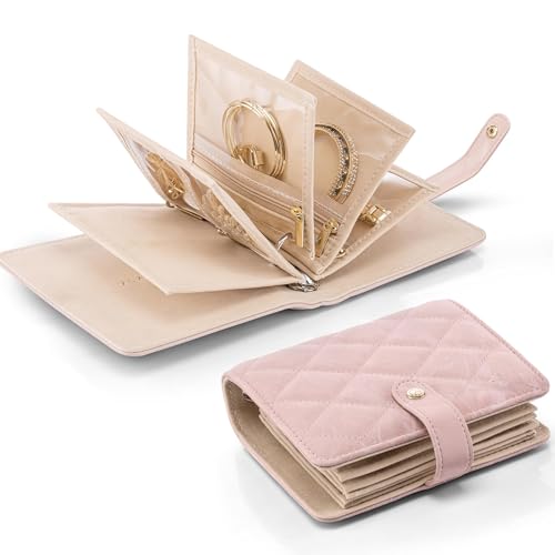 Vlando Jewellery Organiser, Foldable Earring Storage Organiser, Travel Jewellery Case with 5pcs Velvet Jewellery Pouches Bag for Necklace, Earring, Bracelets, Ring, Brooches(Sand Pink) Small