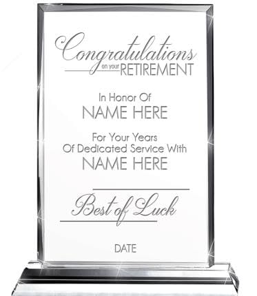 Retirement Employee Recognition Awards, 9 1/2" H Custom Engraved Trophy Corporate Crystal Award