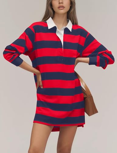 MISSACTIVER Striped Sweatshirt Mini Dress Women Long Sleeve Collared Button Down V Neck Oversized Pullover Tennis Dress2