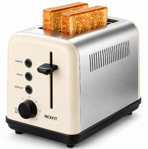 Image of Toaster 2 Slice, Stainless Steel, 6 Shade Settings, 1.5 inch Extra Wide Slots | NEXFIT Retro Toaster with Bagel, Defrost, Reheat & Cancel Functions, 900W, Removable Crumb Tray, High Lift, Cord Wrap, Beige