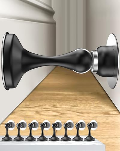 Image of Crosize Magnetic Door Stoppers 8 Pack, Stainless Steel Door Stops for Wall and Floor Mounting, Door Holder Keep Door Open, No Drilling Door Stop with 3D Adhesive Tapes, Black
