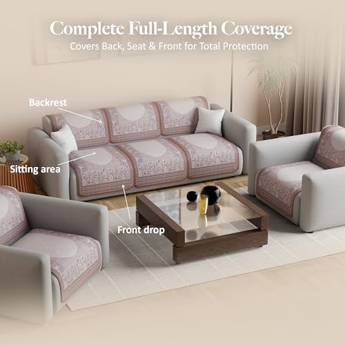 Image of Kuber Industries 5 Seater Sofa Cover | Slipcover for Living Room | Thick & Cozy | Non-Slip Comfort Sofa Cover Set | Rajasthani Border Malibu 1351 - Brown