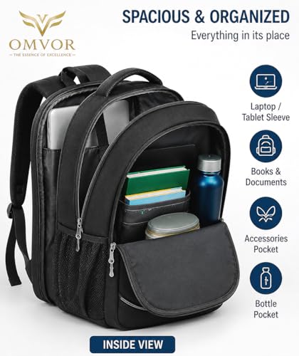Image of OMVOR Laptop Backpack, Black, Water Resistant, Lightweight, with Laptop Sleeve, Bottle Pocket & Accessories Pocket