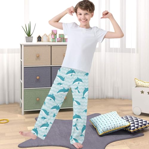 Boy's Pj Pants Blue Green Jumping Dolphin Lock Lounge Bottoms Elastic Waist Kids Joggers with Pockets Size 6-144