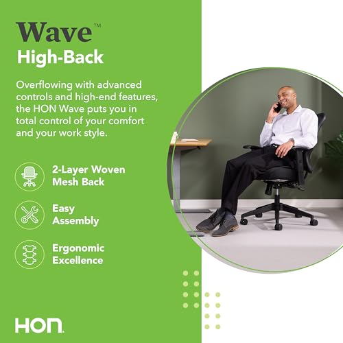 Image of HON Wave High Back Ergonomic Mesh Office Chair with Adjustable Arms, Synchro‑Tilt Recline and Swivel Wheels, Desk and Computer Chair for Home Office or Workstation, Black
