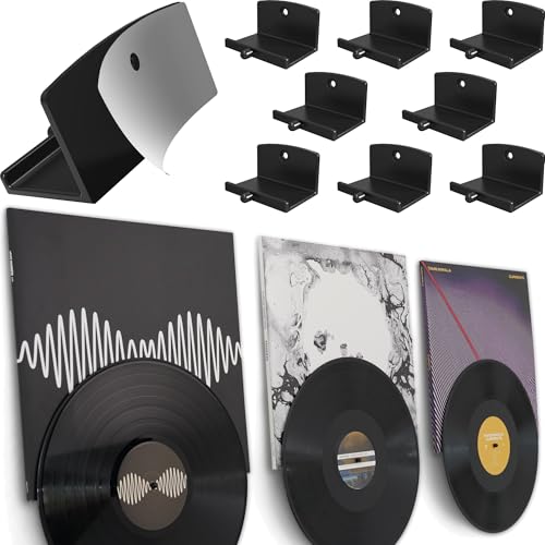 Modern JP Adhesive Vinyl Wall Mount (8-Pack) – Dual Display Album and Disc, Strong Hold Record Holder Wall, Record-Safe Easy Installation, Album Wall Mount for 1LP and 2LP – Black