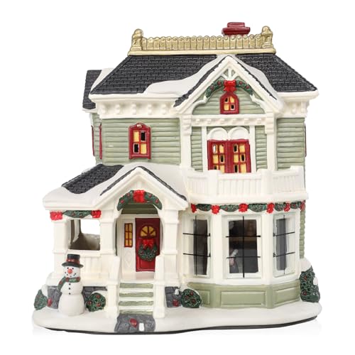 VCUTEKA Christmas Village House Lighted Indoor Decorations Village Houses with LED Light Christmas Village Collectible Buildings Figurines Ceramic House Light up Figurine for Holiday Xmas Decor
