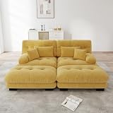 Trdlpyn Divano Angolare a Nuvola per Salotto, Sofà a Due Posti in Ciniglia con 4 Cuscini e 2 Pouf, Divano Imbottito con Braccioli Larghi per Camera da letto, Giallo- 220 x 145x 81 cm