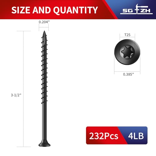 Image of #10 x 3-1 /2 inch Deck Screws (232Pcs) 4lb. Exterior Wood Screws. Carbon Steel, Black, Flat Head, Rust Resistant epoxy Coated, with T25 Star Bit