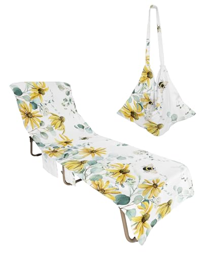 Yellow Daisy Beach Lounge Chair Towel Cover, Soft Chaise Lounge Towel with Side Pockets Patio Pool Chairs Cover for Beach/Pool Sunbathing 29x85 Pastoral Eucalyptus Leaves Botanical Summer Bee