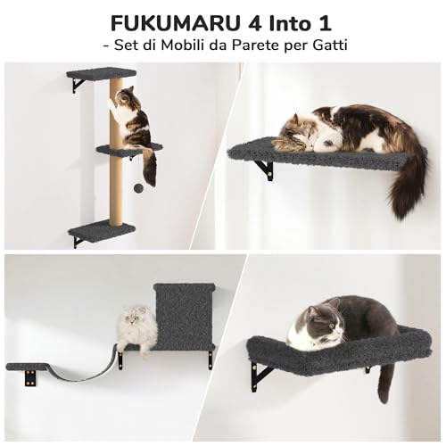FUKUMARU Set Mobili da Parete per Gatti da Arrampicata, Mensole da Parete in 4 Parte, Realizzati con Robusti Pannelli Multistrato, Alberi Tiragraffi e Parco da Parete per Gatti, Grigio. - 7