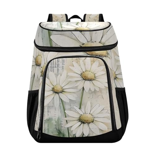 Vintage White Daisy Flower Cooler Backpack Cooler Insulated Leak Proof Lunch Backpack 36 Cans Waterproof Soft for Men Women Picnic Hiking Camping Beach