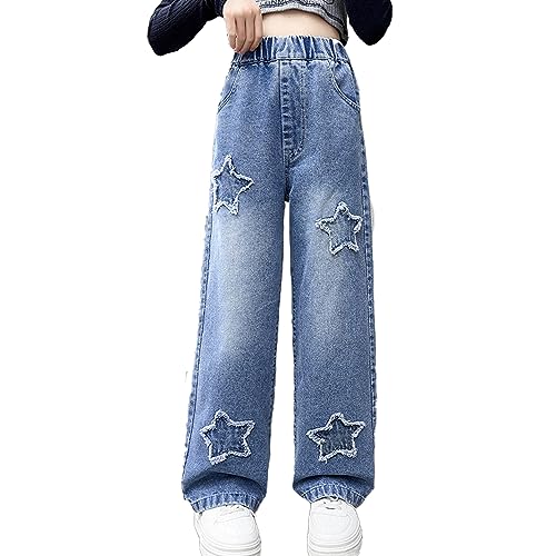 FLOWERKIDS Kids Girls Jeans Elastic Print Casual Baggy Denim Pants Straight Wide Leg Jeans Age 4-14 Years