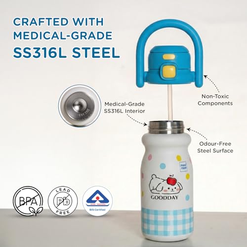 Image of Mee Mee Hydro Flow Kids Insulated Water Bottle 500ml | SS316L Stainless Steel | 24H Cold & 12H Warm | Leakproof Straw Sipper | BPA-Free School Bottle with Strap for Kids