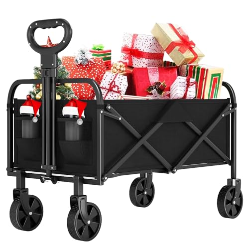 Carrinho dobrável com rodas grandes todo-o-terreno, carrinho de praia com carga máxima de 172 kg, ideal para praia, jardim e campismo, pega ajustável - transporte de ferramentas ou brinquedos - preto