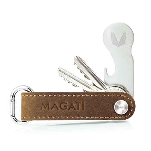 Leder Key Holder Organizer mit Schlüsselfundservice - lost and found - Edelstahl Multitool Schlüsselanhänger - Einkaufswagenlöser Flaschenöffner Profiltiefenmesser - Braun