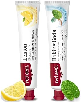 Red Seal Flouride Free Toothpaste Bundle - Baking Soda and Lemon NATRUE Certified Natural Toothpaste, No Additives, SLS Free, Organic, Vegan Friendly