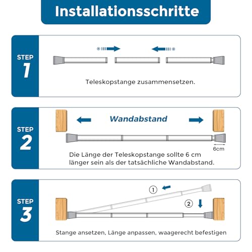 AIZESI 1 Stück Gardinenstange ohne Bohren Teleskopstange Vorhangstange Duschvorhangstange Spannstange Verstellbare Gardinenstange Klemmstange für Gardinen, Badezimmer Weiß 110-190CM (Durchmesser 22mm)