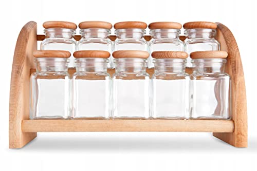 Go Practic Gewürzregal Holzregal 10 Gläser mit Holzdeckel | Küchenregal Schrankorganiser Küchenorganiser | Aufbewahrung von Gewürzen in Gewürzdosen | Gewürzständer | Regal mit Gewürzgläser 120+150 ml Cover