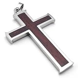 KONOV 18" Stainless Steel Wood Grain Cross Mens Womens Necklace Pendant, Red, 18 inch Chain