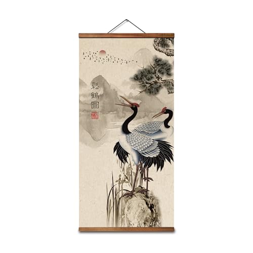 Chinese Gongbi Painting Wall Scroll artwork, Cranes in Landscape, 31.89