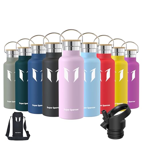 Super Sparrow Stainless Steel Water Bottle Kids - 500ml - Insulated Metal Water Bottles - Standard Mouth Flask - BPA Free - Straw Bottle for Work, Gym, Sports - 2 Lids