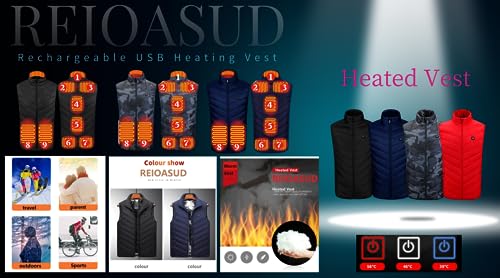 New Unisex Heated Vest with 3 Heating Levels, 9 Heating Zones, Washable Stand Collar Lightweight Zip Heated Vest3