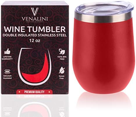 Venalini Stainless Steel Stemless Wine Glass Tumbler With Lid, 12 oz | Double Wall Vacuum Insulated Tumbler for Wine, Hot and Cold Drinks | BPA Free Tight Lid, Powder Coated and Unbreakable