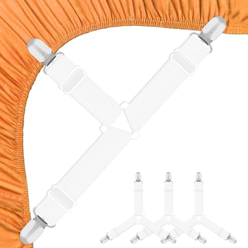 Hanyousheng Attache Drap Housse, 4 Pcs Blanc Tendeur Drap Housse, Élastiques Ajustables Sangle Drap Housse avec Pinces Métalliques, Tendeurs De Drap pour...