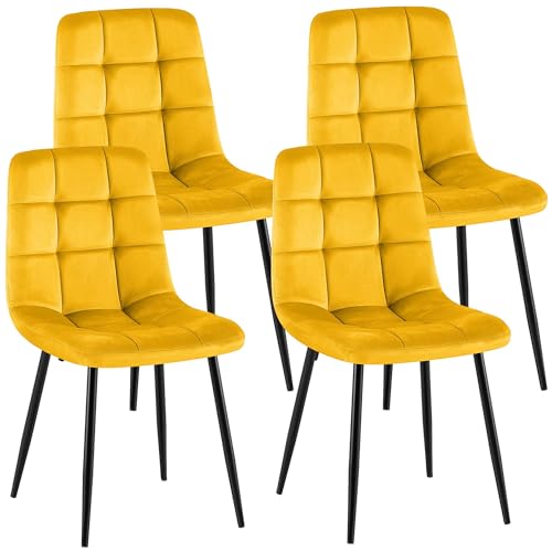 CLP Lot de 4 chaises de Salle a Manger rembourrees Antibes, chaises de Cuisine en Velours avec Dossier et Pieds Metal Noirs Couleur:Jaune