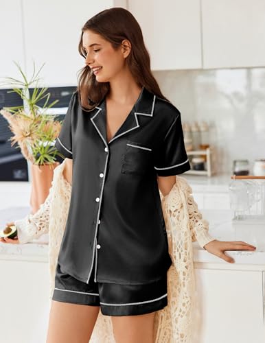 Ekouaer Womens Satin Silk Pajamas Set Short Sleeve Sleepwear Button Down Top and Shorts Loungewear 2 Piece Pjs Set S-XXL3