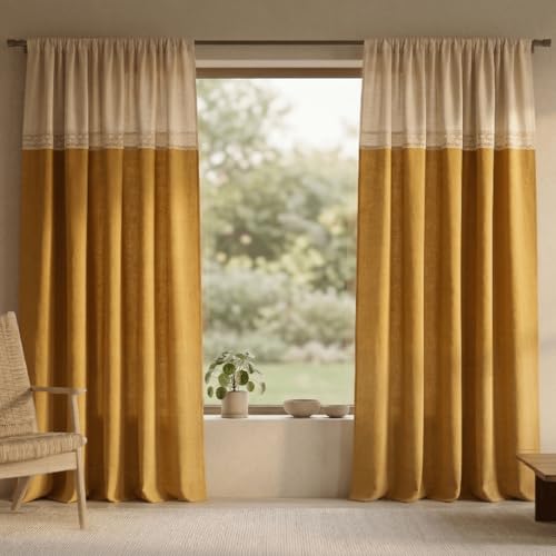 Image of Peepul Tree Cotton 7ft Door Curtain in Mustard & Off White | Top to Bottom Reversible Design| Woven Block Colours with Crochet Border | Semi Blackout 70% Light Blocking