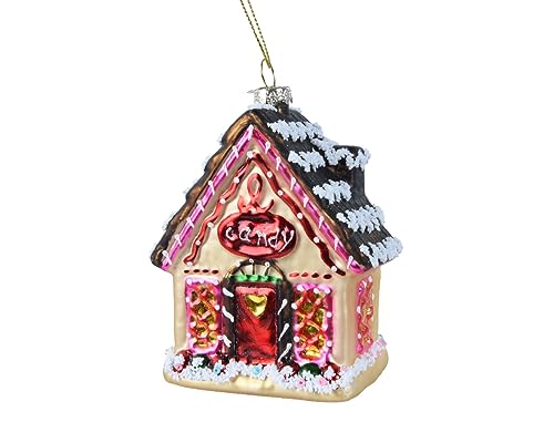 Kaemingk Christbaumschmuck Glas 10cm Lebkuchenhaus mit Glitzer Weihnachtskugeln Candy Haus - Rosa