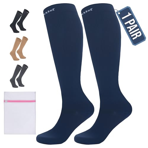 360 RELIEF 1 Pair Compression Socks for Women & Men - 15-20 mmHg Travel Flight Socks – Graduated Support - Ideal for Running, Cycling & during Maternity -L/XL, Blue with Laundry Bag
