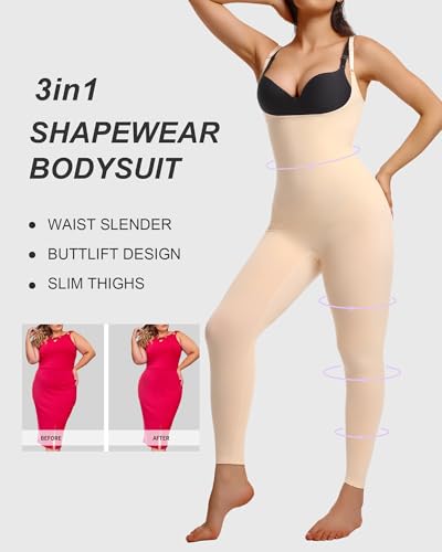 SHAPERX Shapewear Damen Figurformende Leggings Miederbody Stark Formend Ganzkörper Bodysuit Body Shaper Bauchweg, UK-SZ5802-Beige-L/XL
