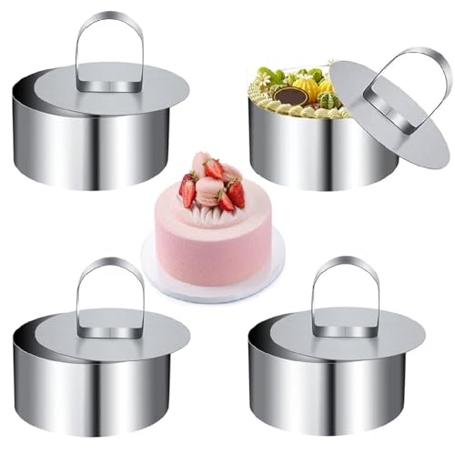 Kiuiom Emporte Piece Rond, Cercle a Patisserie, Moules à Mousse, 4PCS avec Poussoir Cercles de Présentation Moules à Tartelettes Anneau de Mousse Perforée Emporte...